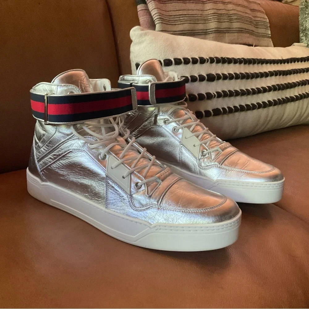 Gucci Argento Metallic Silver High Top Leather Trainers Size 14